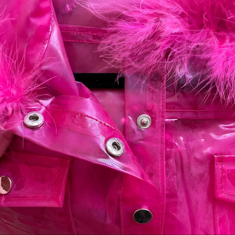 Dolls Kill Hot Pink Faux Fur Trim PVC Crop Jacket - Picture 6 of 9